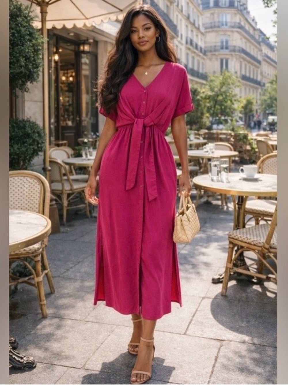 FRNCH Paris Fuchsia Tie Front Button Front Midi Dress, Size S